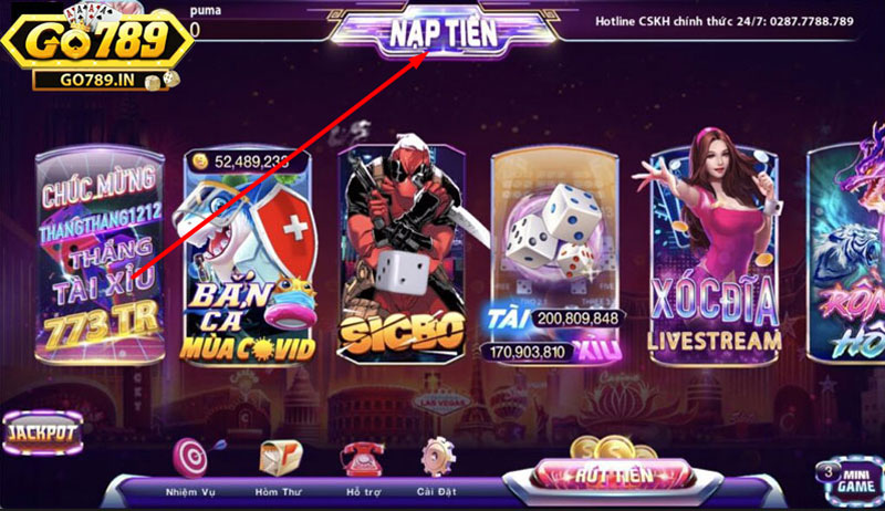 Tìm và Click vào phần "Nạp tiền"